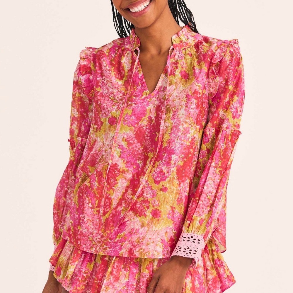 LoveShackFancy Ronalda Long Sleeve Floral Silk Blouse, NEW